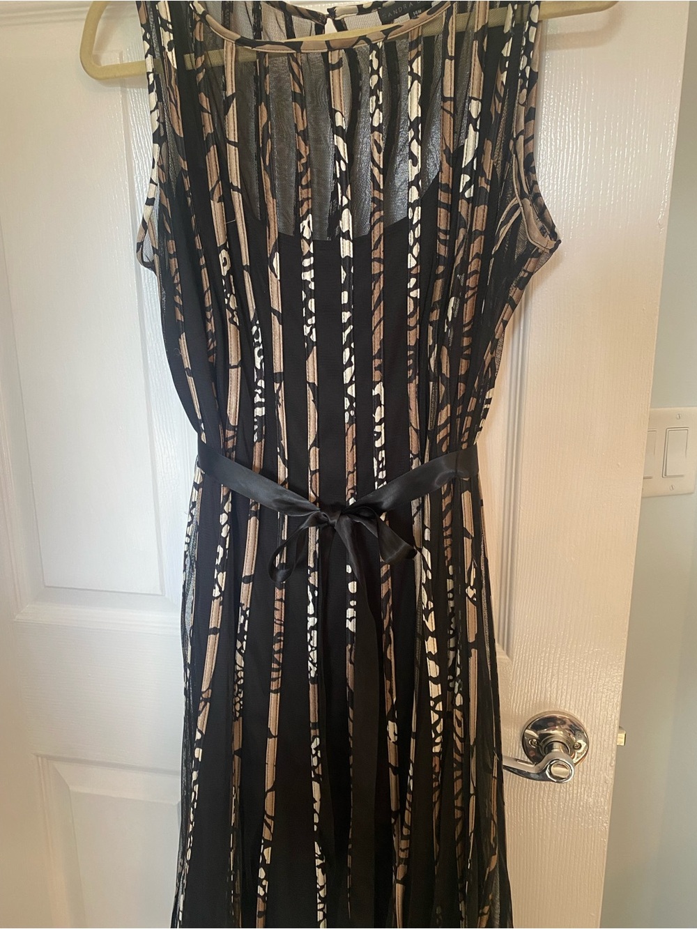 Sandra Darren Black and Beige Vertical Stripe Tie-Waist Dress